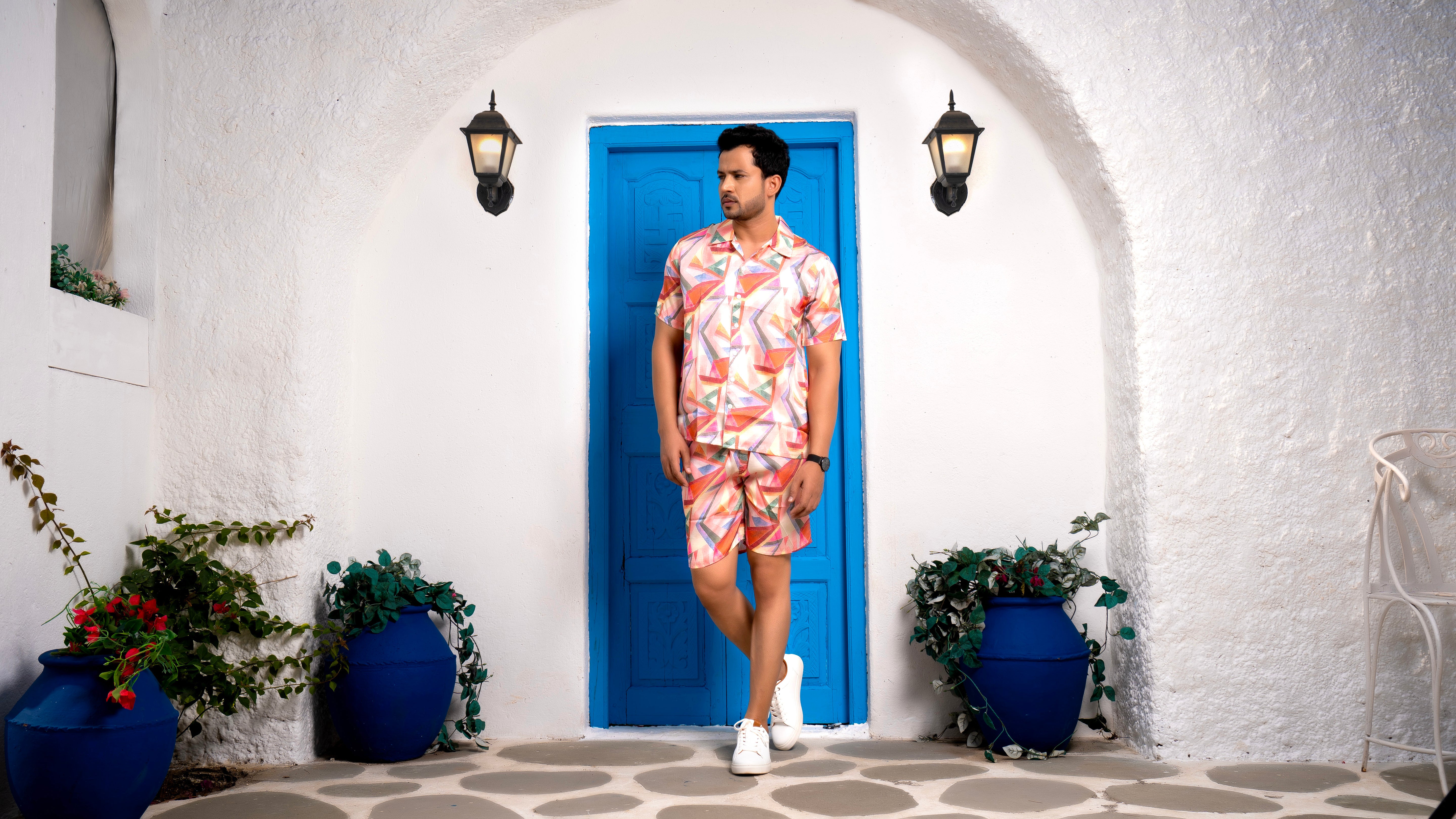 Linen Geometric Co-ord Set Men