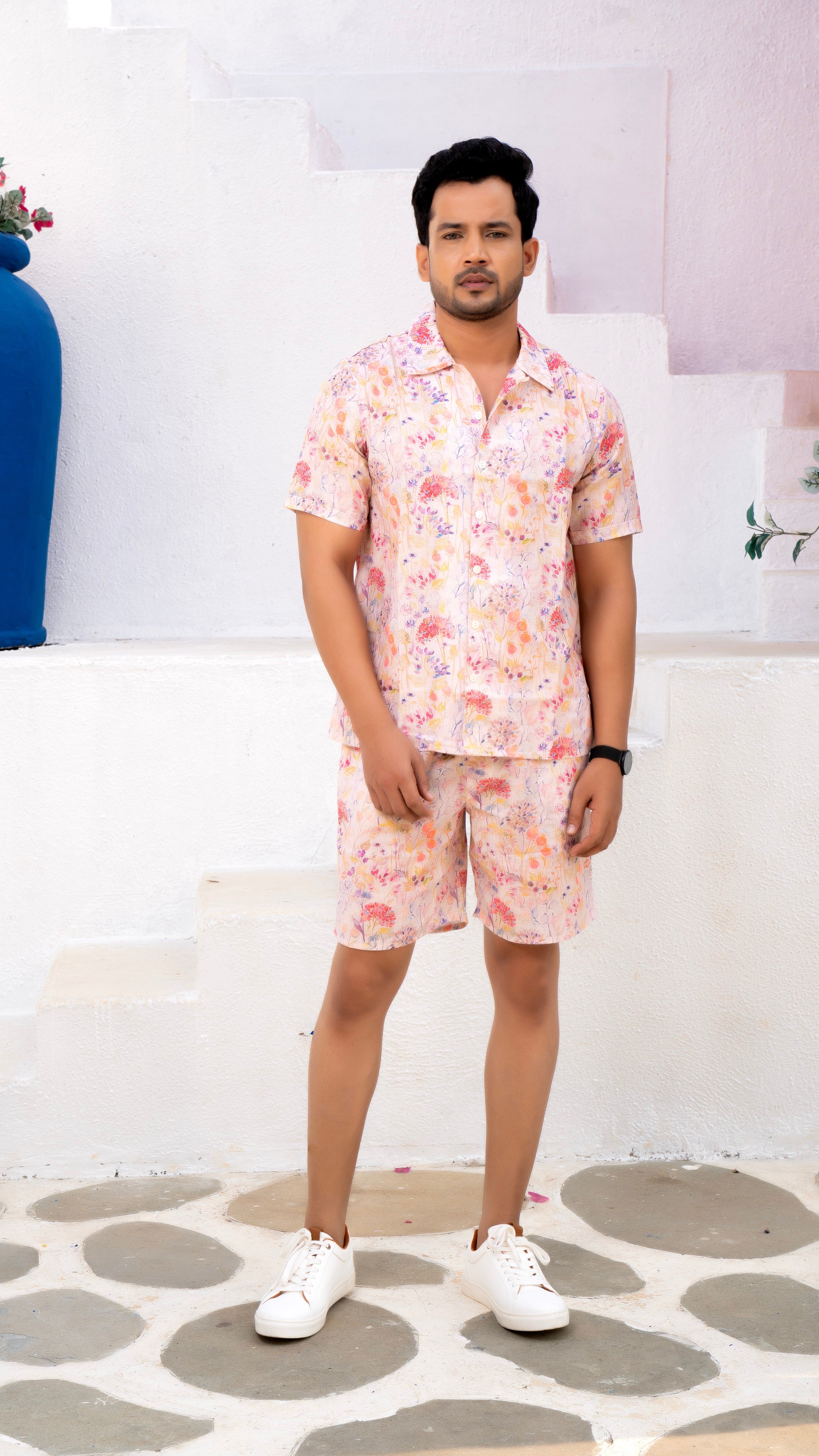 Linen White Floral Co-ord Set Men