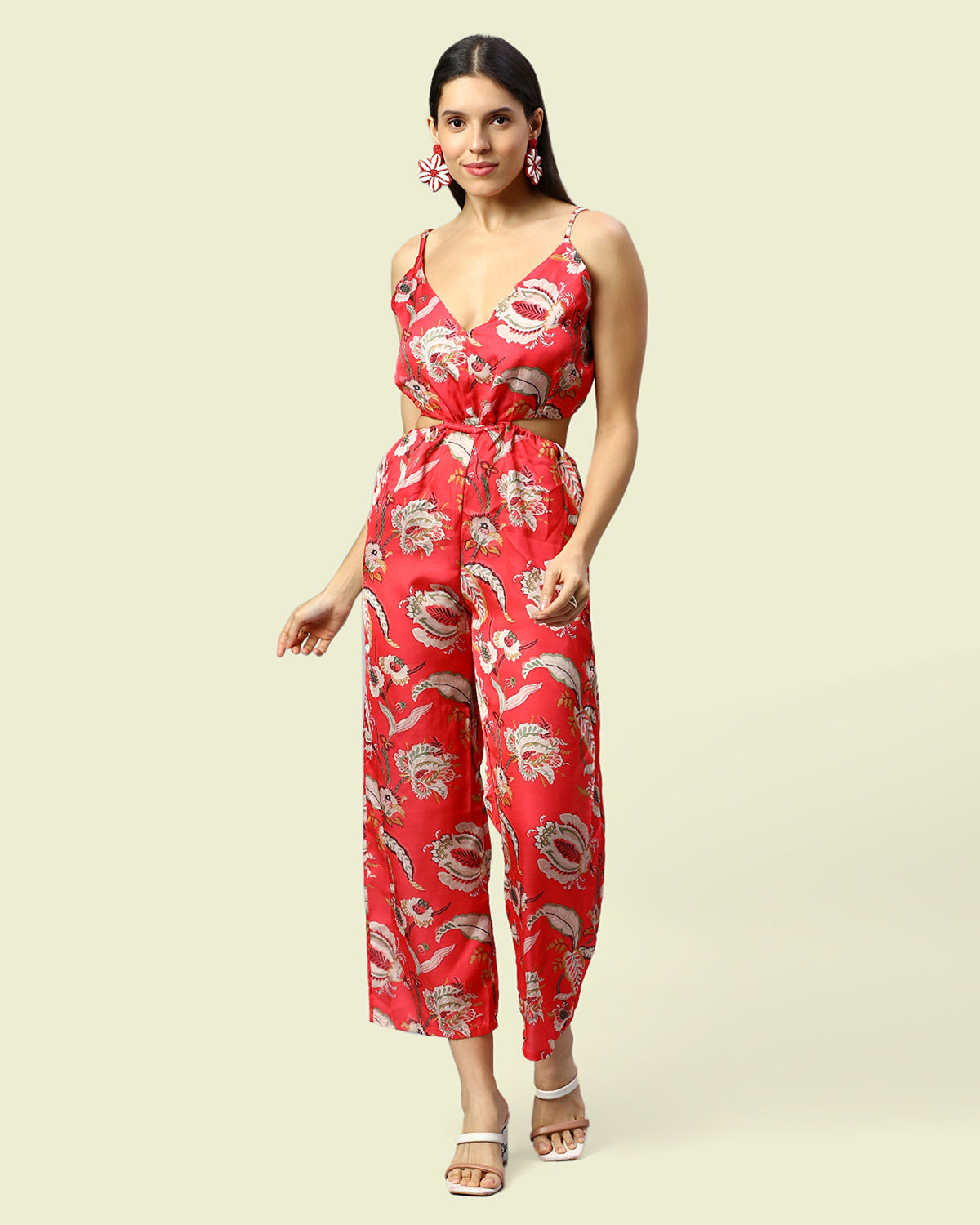 Linen Red Floral Cut-out Jumpsuit