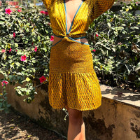 Yellow silk cut out short dress