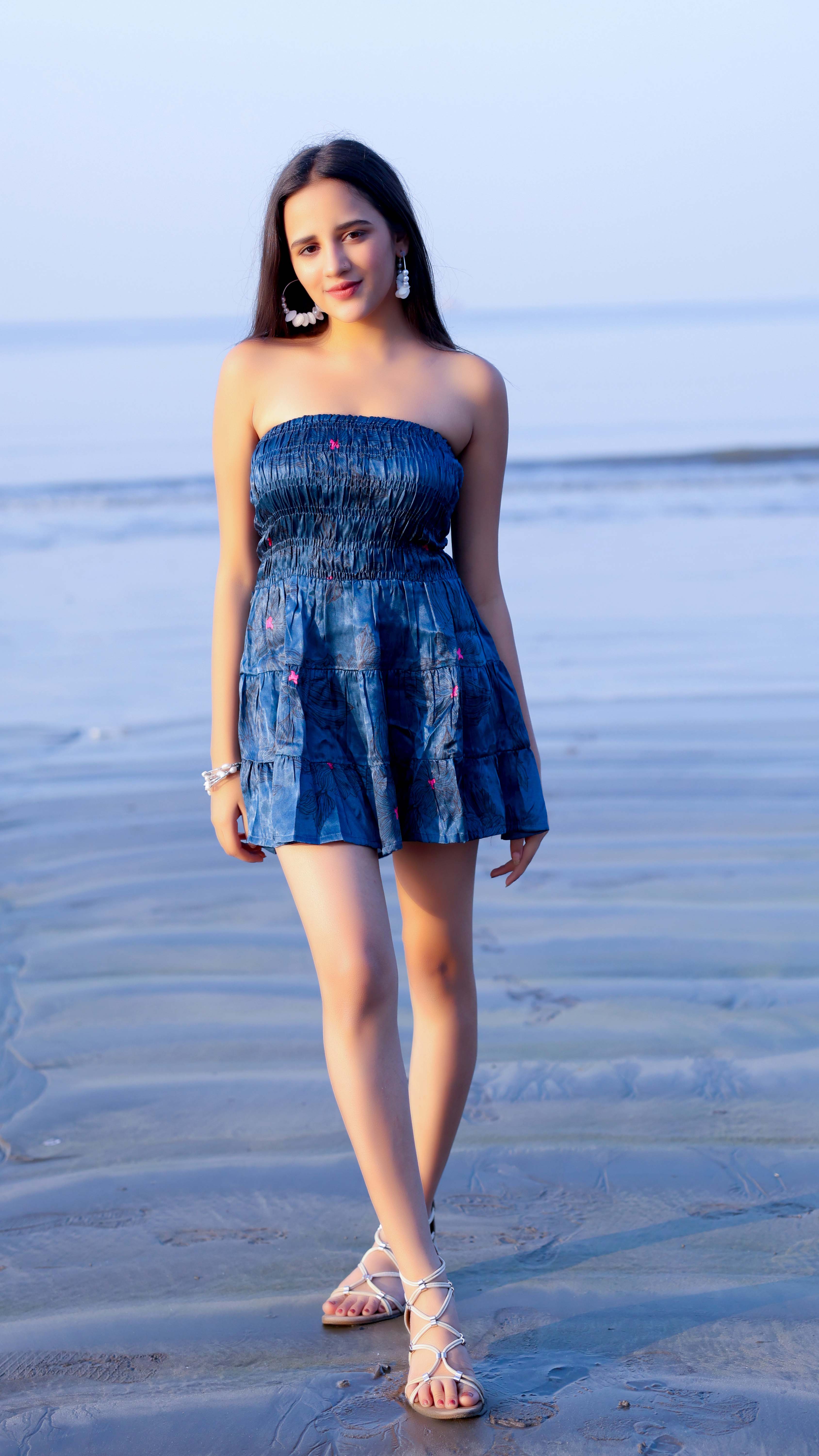 Steel Blue Printed Mini Tiered Dress