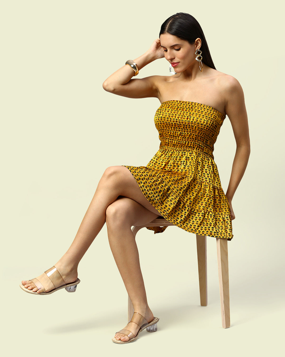 Yellow Silk Mini Tiered Dress