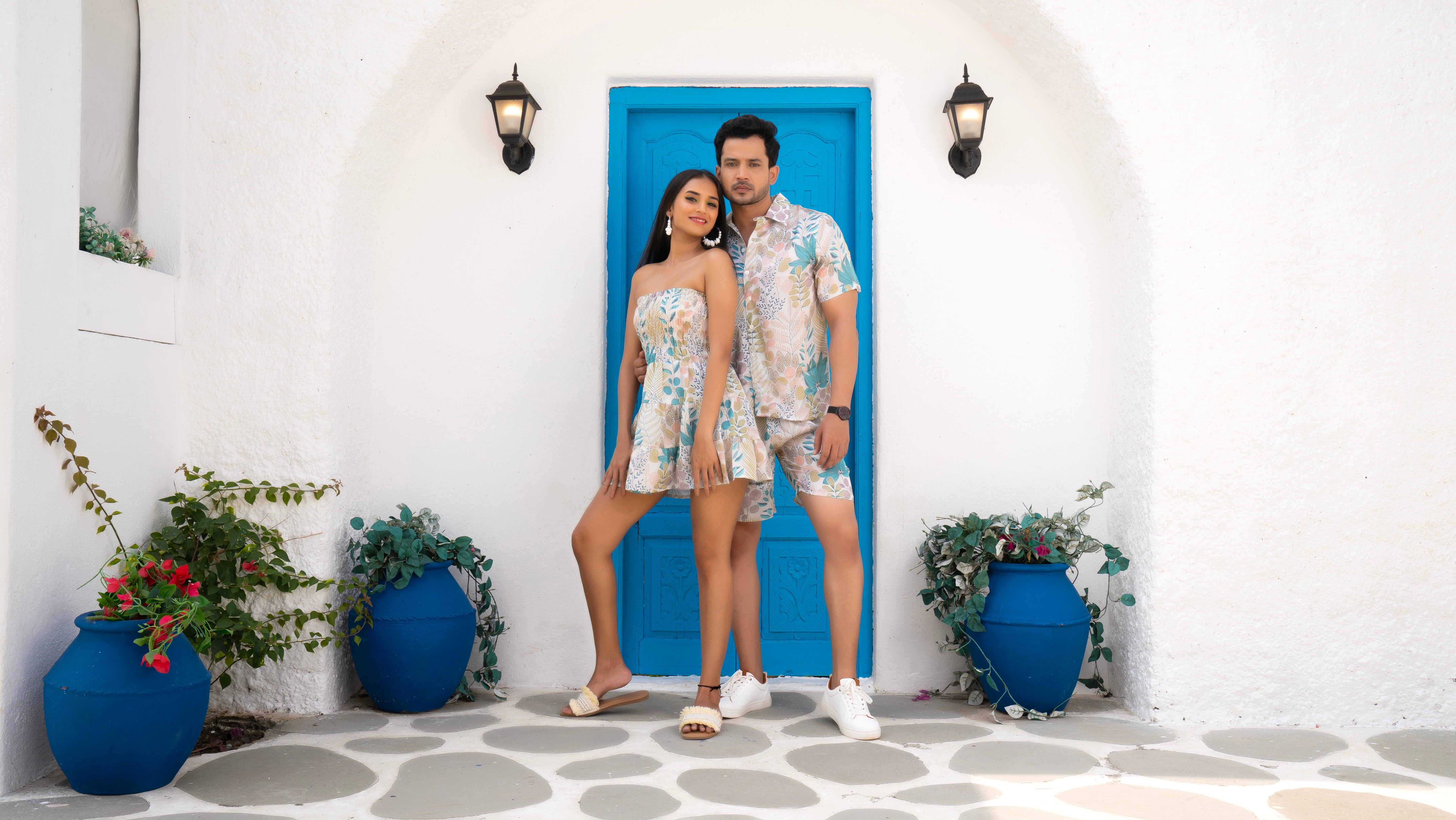 Linen Blue Leaf Couple Co-ord Set