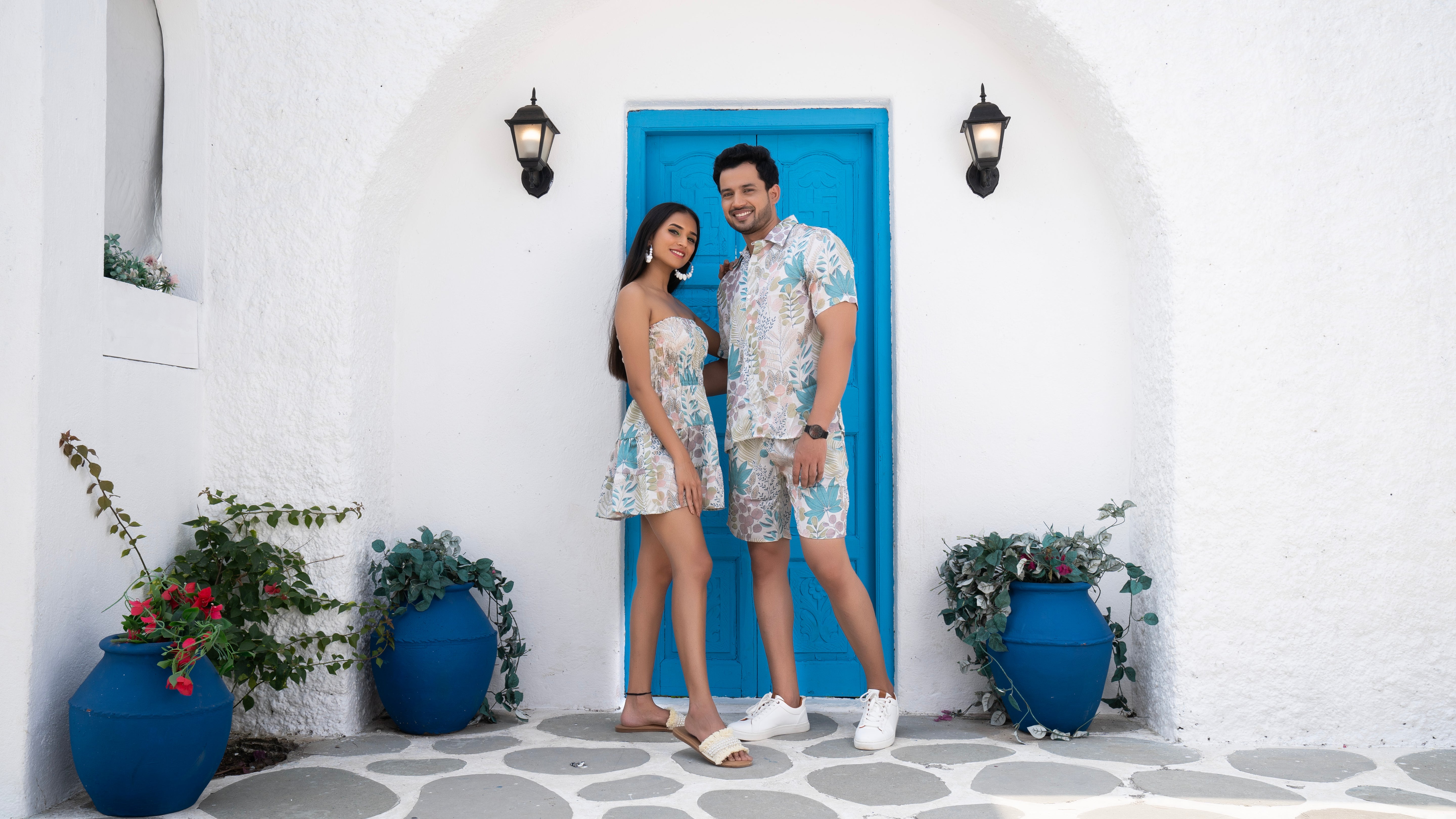 Linen Blue Leaf Couple Co-ord Set