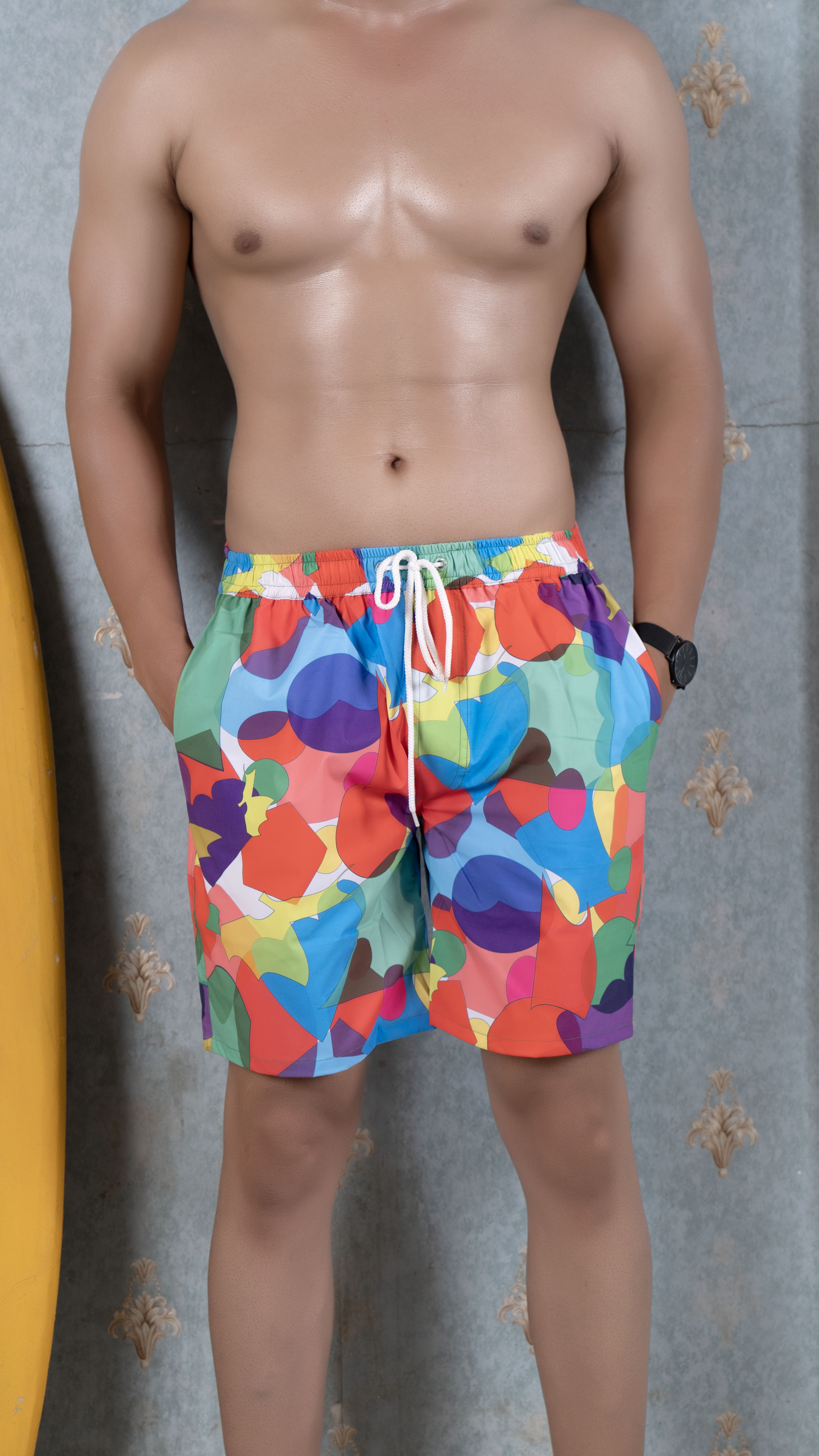 Red Geometric Patterned Men Board Shorts