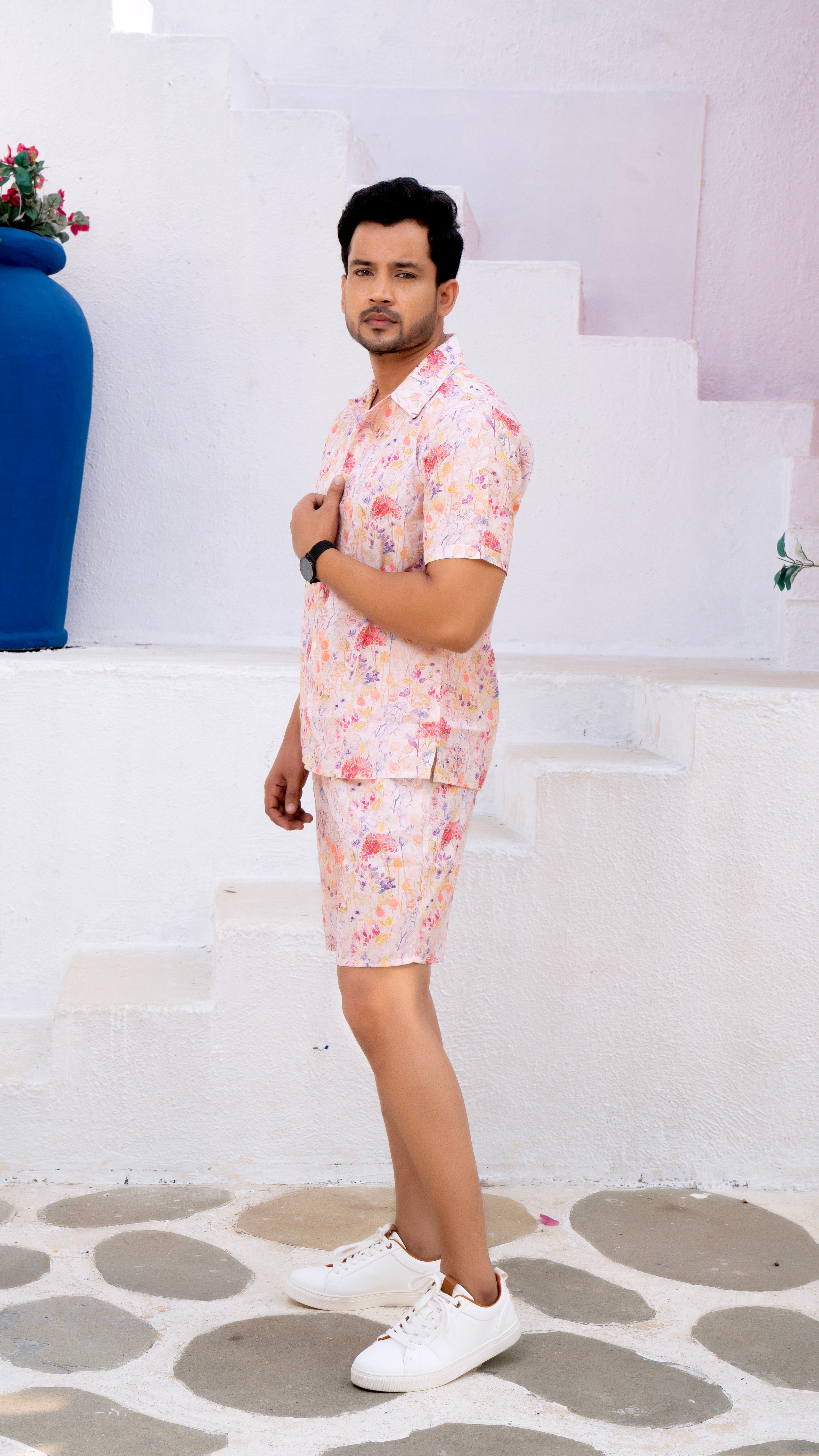 Linen White Floral Co-ord Set Men