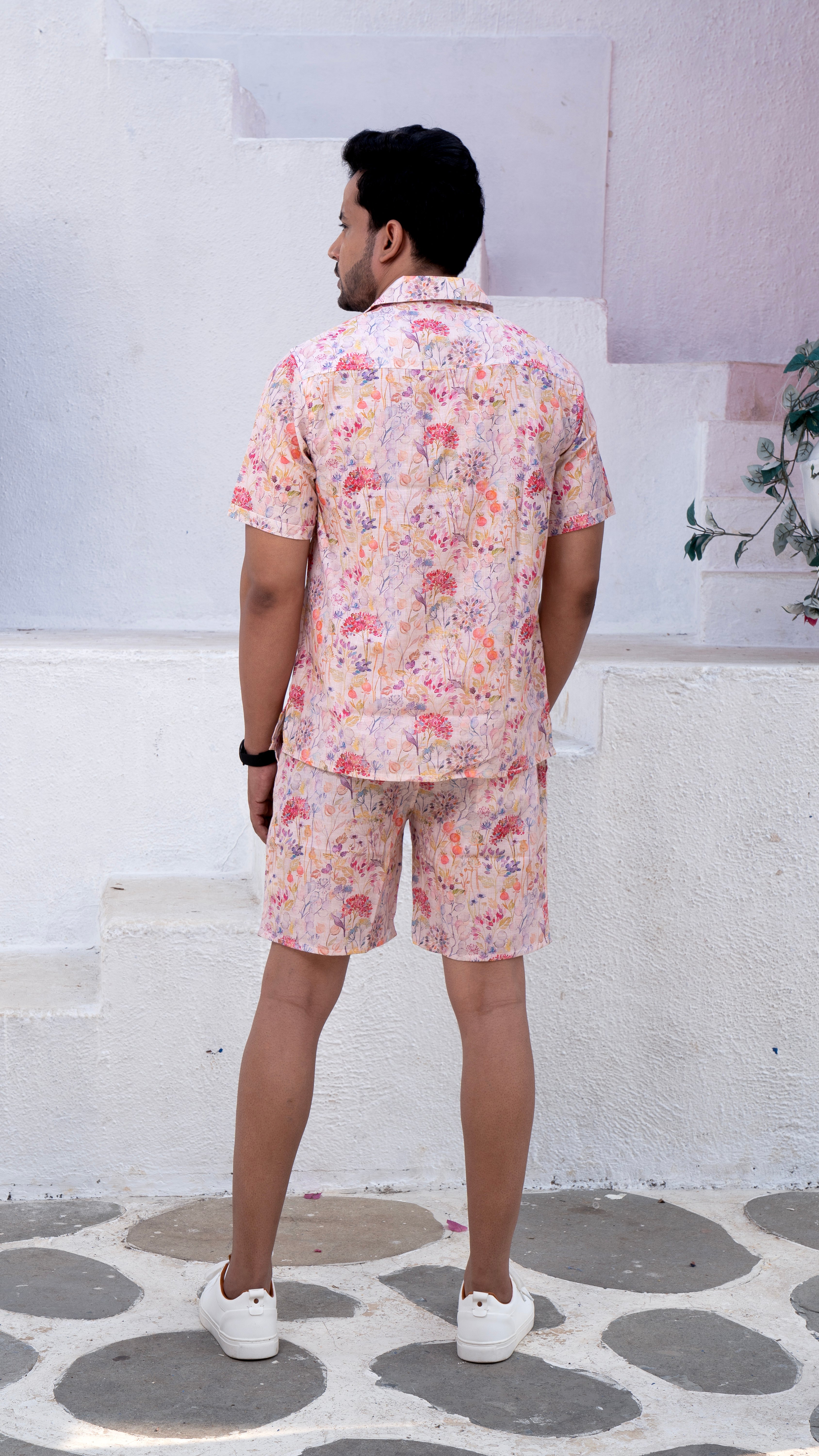 Linen White Floral Co-ord Set Men