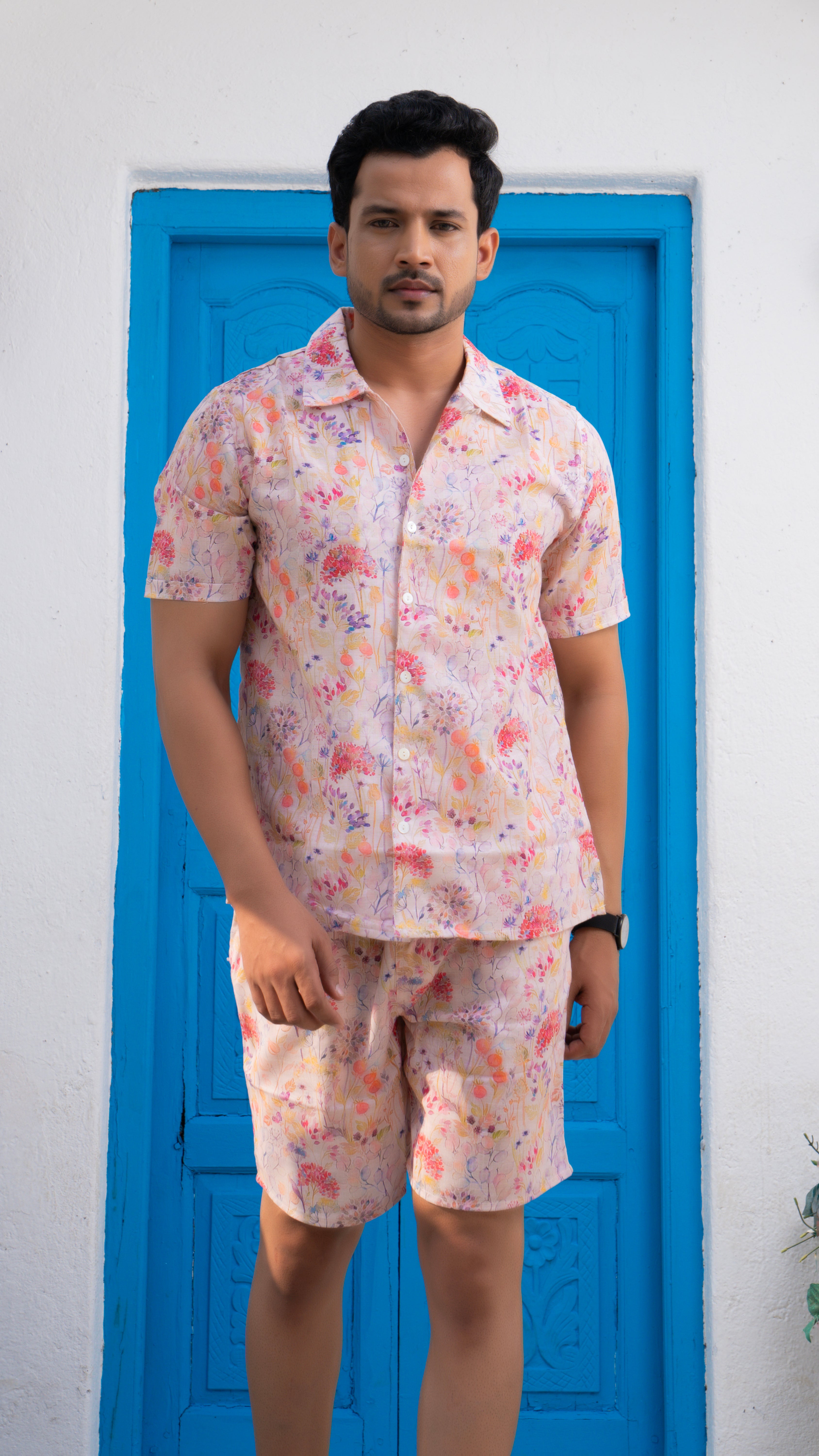 Linen White Floral Co-ord Set Men